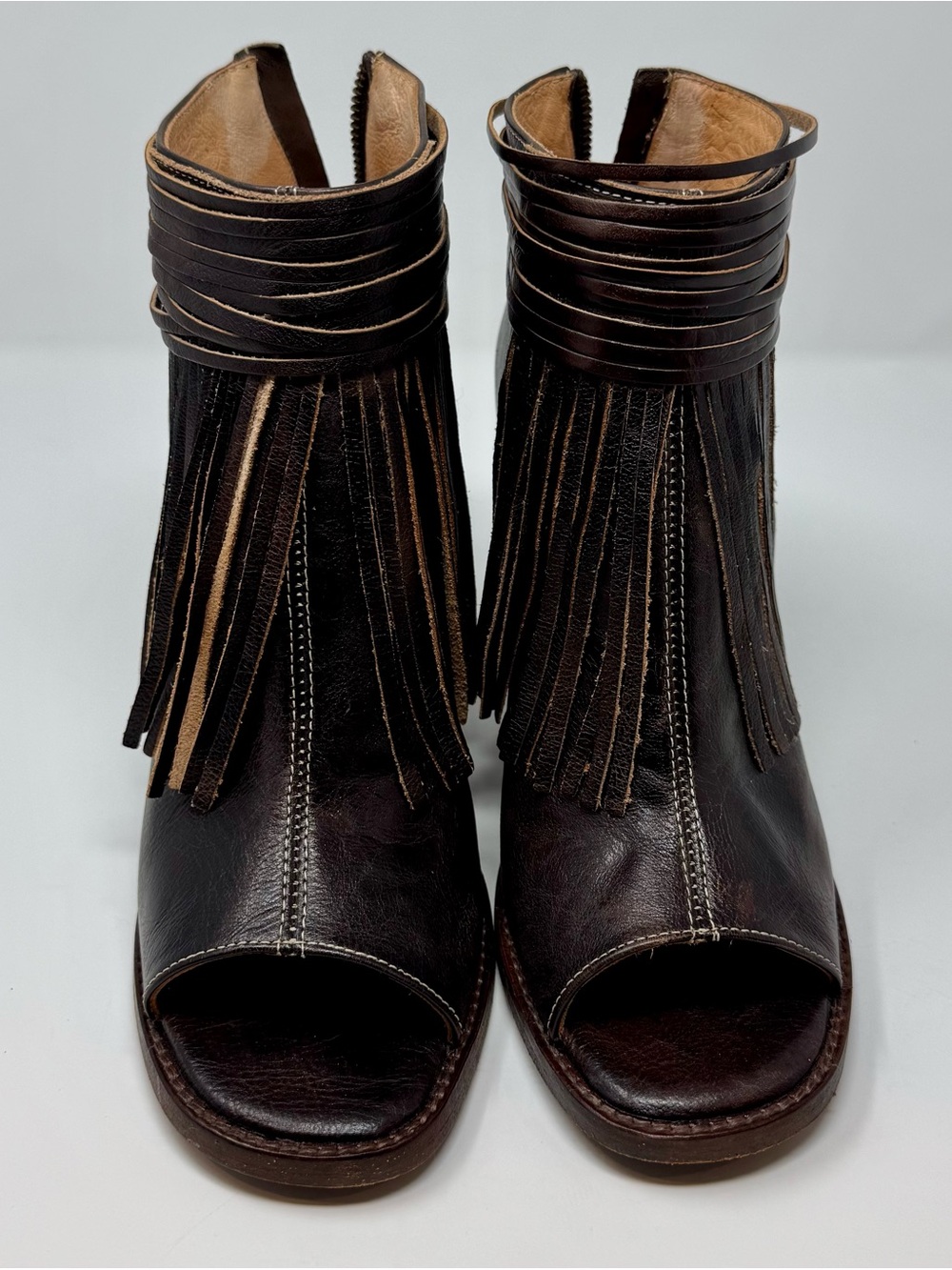 Bed Stu | Dark Brown Leather Fringe Peep-Toe Booties, Size 9 - EUC - Picture 2 of 8
